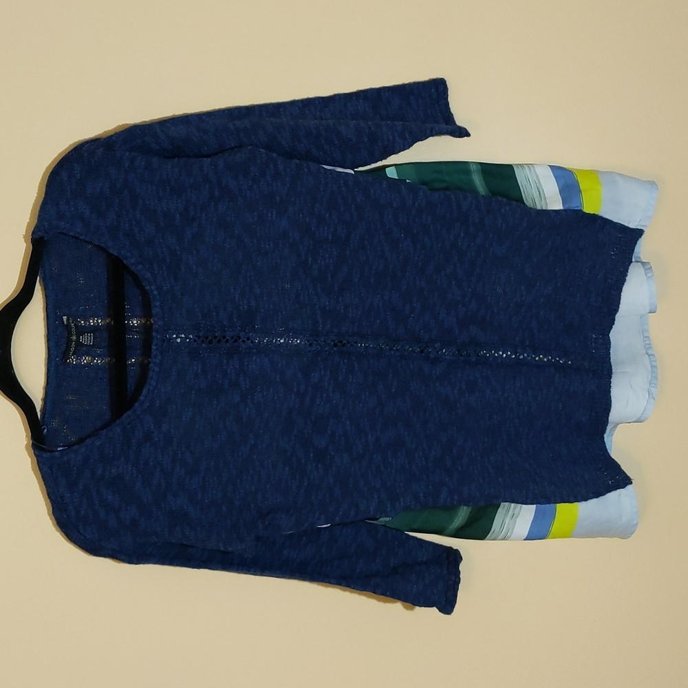 Maison Coupe|NWT Indigo Crew Neck Blouse with Striped Back and Half Sleeves